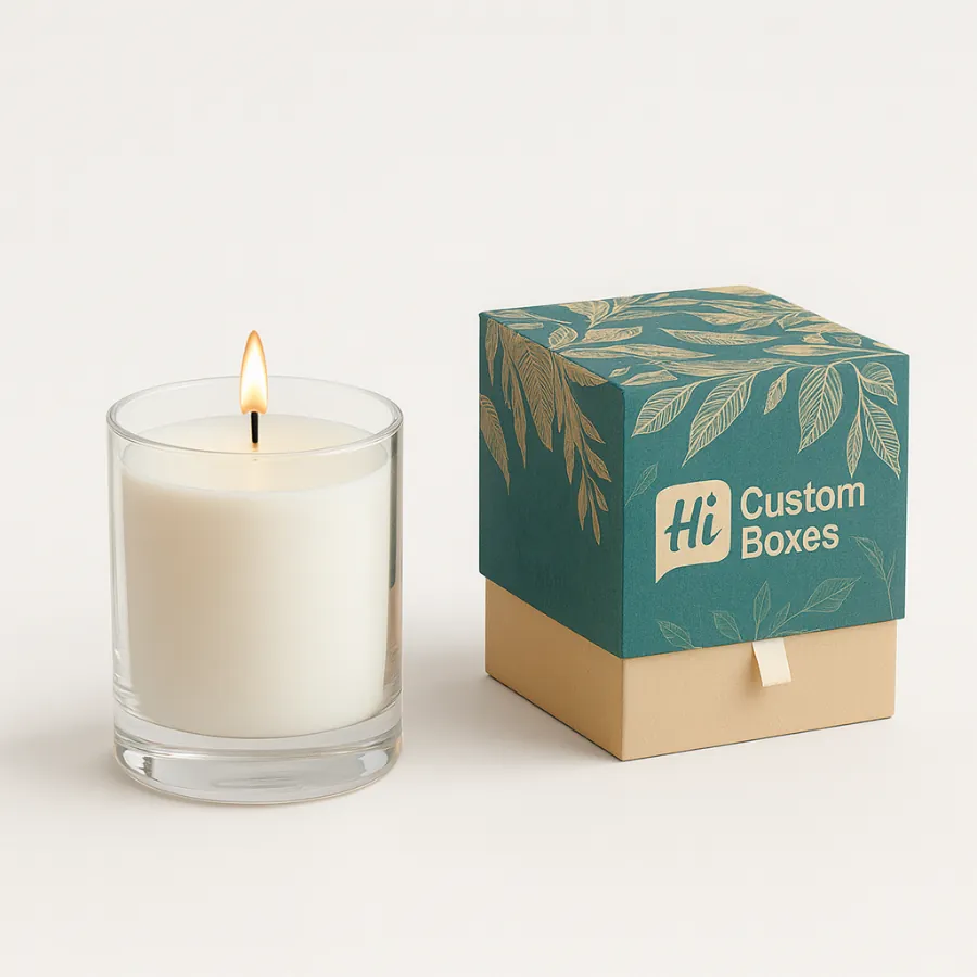 Burning candle in a glass jar next to a bespoke teal and tan two-piece pull-out box- class=